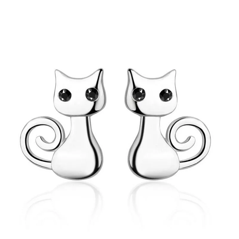 

Fashion Children 925 Sterling Silver Black Zircon Cute kitten Cat Stud Earring For Girls Simple Gift Earring Women Korea Jewelry