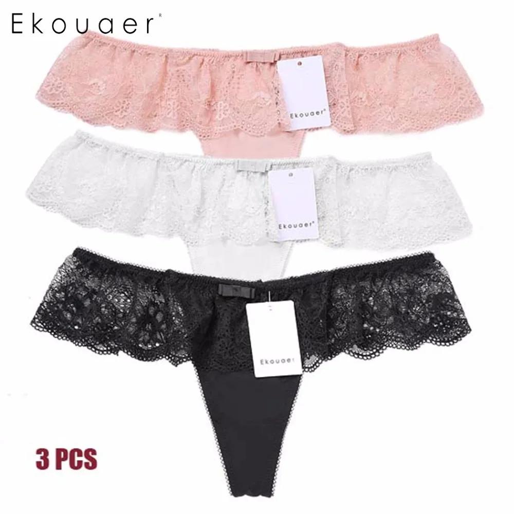 

Ekouaer 3PCS/lot Sexy Lace Thong Briefs G-String Underwear Lace Ladies Full Sheer Comfortable Briefs Female Lingerie Underpant