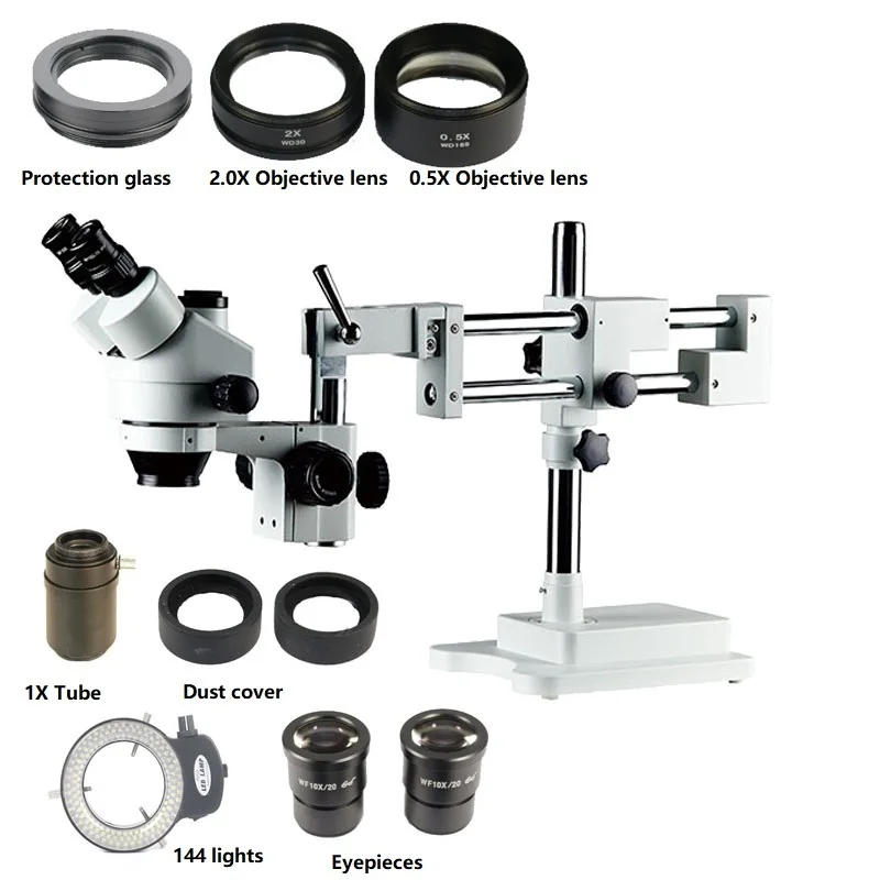  Free shipping 3.5X-90X Double Arm Boom Stand trinocular stereo Microscope for Industrial smartphone