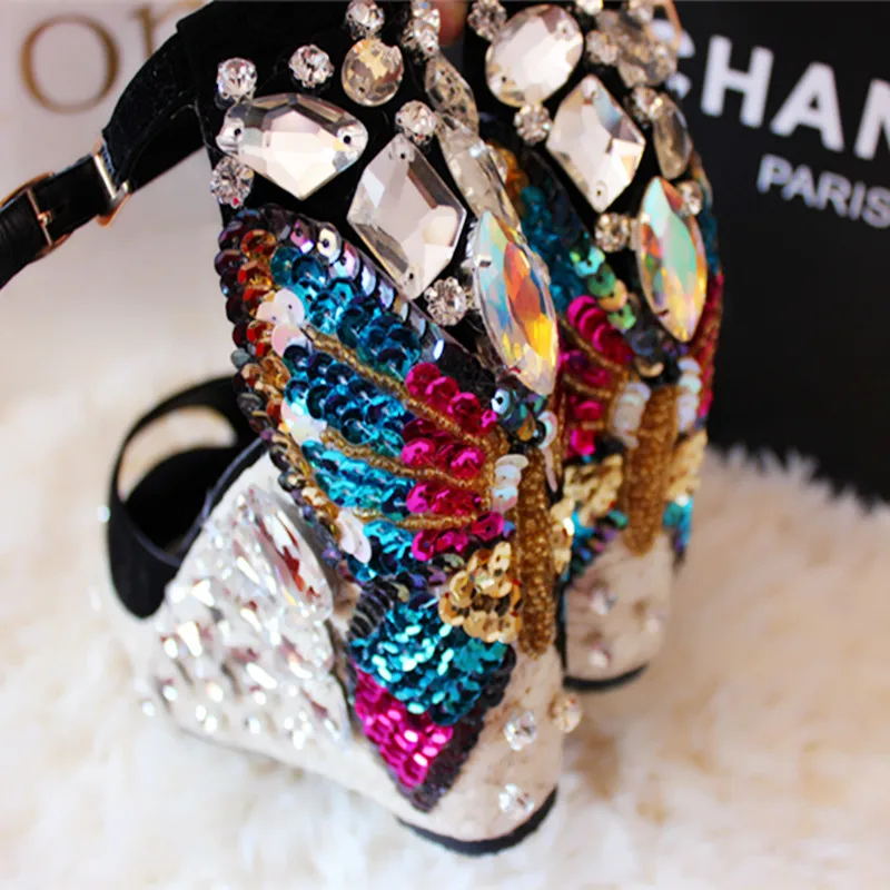

Womens Peep Toe Suede Leather Rhinestones Diamond Sequins Butterfly Bling Wedge High Heel Pumps Shoes Sandals DIY A964