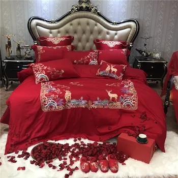 

Red with gold embroidery Bedding Sets king Size Quilt Cover Bed Sheet Pillowcase Bed Cover Set for wedding Bed Linen 4/6/9pcs