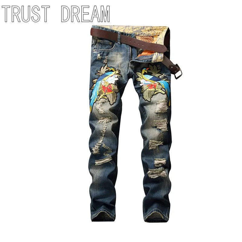 

TRUST DREAM Men Fashion Magpie Embroidered Ripped Hole Jeans Casual Distressed Patch Slim Straight Denim Man Pants Long Trousers