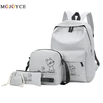 

4pcs/Set Cute Cartoon Cats Printed Women Backpacks Students School Backpacks Shoulder Travel Rucksack
