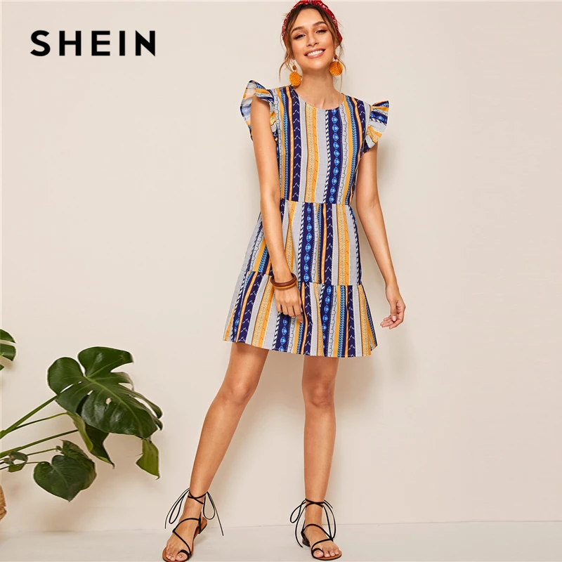 SHEIN, платье с ацтекским принтом и рюшами на пуговицах, платье в стиле бохо без рукавов, этническое платье трапециевидной формы,, женские летние платья с круглым вырезом