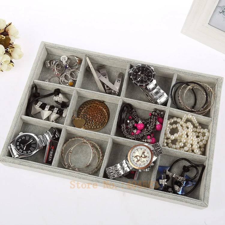 

Gray Color 12 slots Velvet bead display holder, accessories display tray with no lid