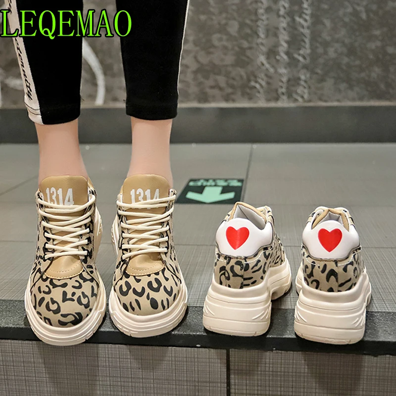 

Leopard Women's Flat Platform Sneakers 2019 Fashion Lace Up Women Flat Walking Shoes Woman Casual Dad Shoes