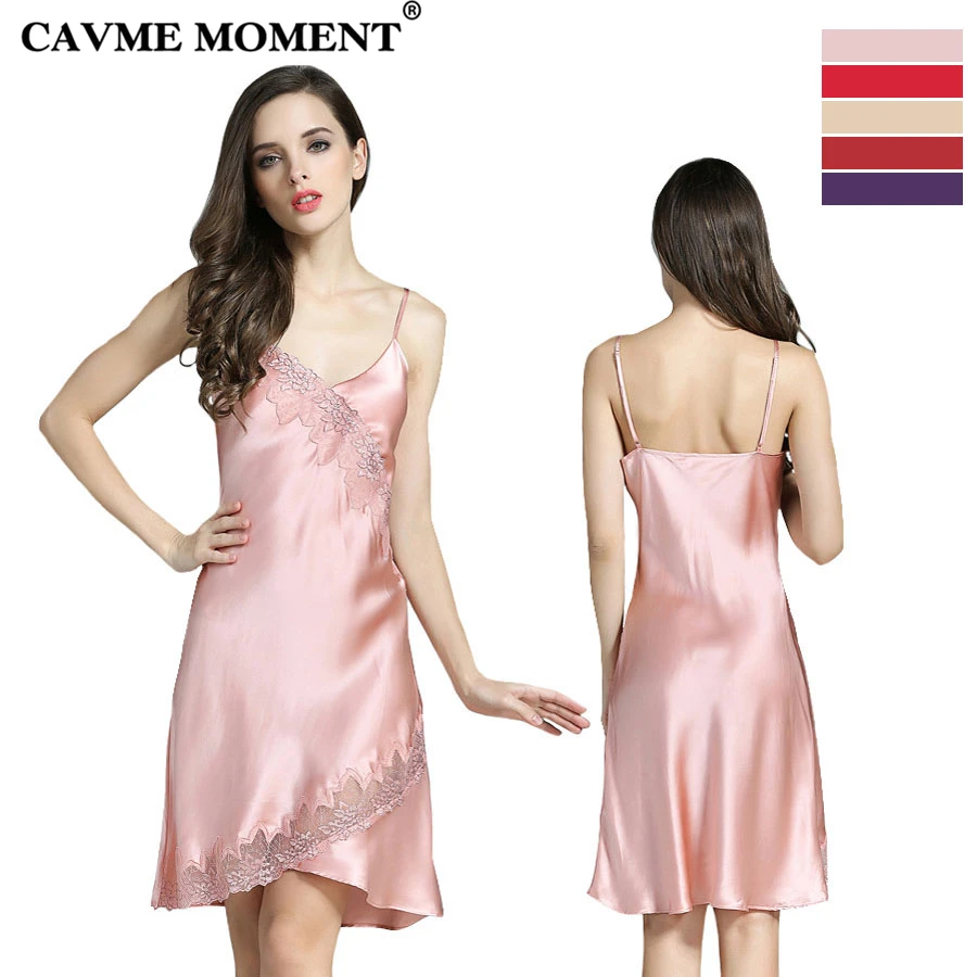 

CAVME 2019 Elegant Lace Nightgown Women's Summer Silk Spaghetti Strap Sleepshirt Solid Color Plus Size Sleepwear Mini Nightdress