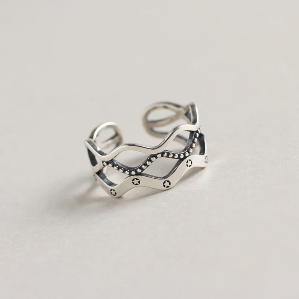 

Retro 925 Sterling Silver Vintage Three-layer Wave Open Ring Women Girls Geometric Shape Small Stars Hipster Silver Rivet Ring