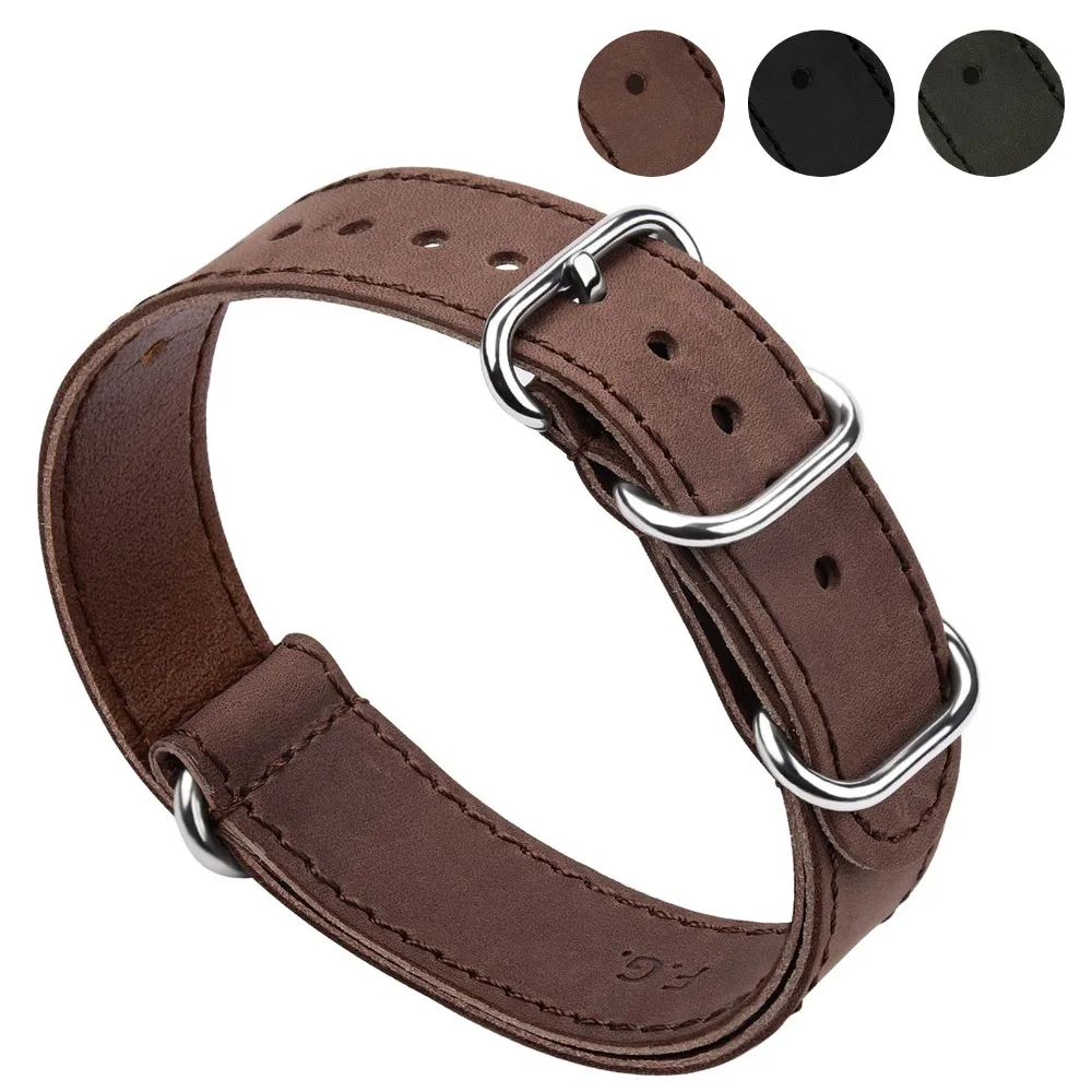 

Fullmosa 3 Colors NATO Style Leather Watch Band, Top Calf Leather ZULU Military Watch Strap with 4 Rings 18mm 20mm 22mm 24mm