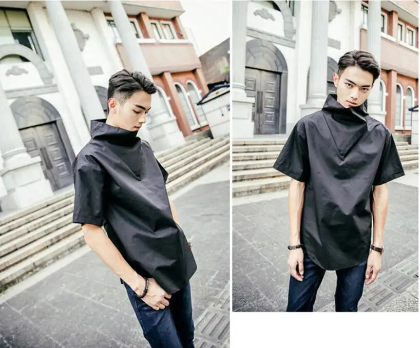 Новые корейские модные повседневные Оригинальные дизайнерские мужские рубашки с высоким воротником и коротким рукавом в стиле хип-хоп, свободные мужские блузки