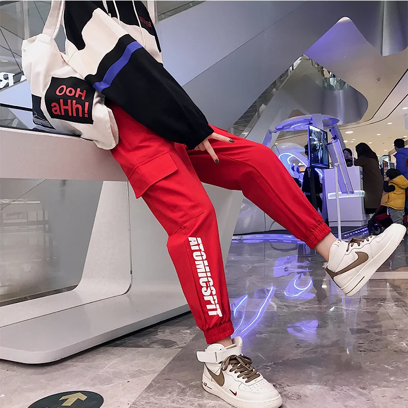 

Spring Sweatpants harajuku High Waist Overalls red Black Student Directly Canister Easy boyfriend Handsome Leisure Time Pants