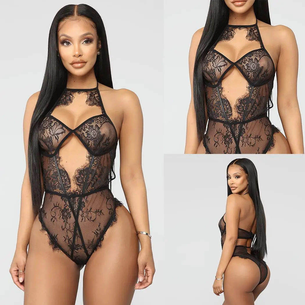 

Women Sexy Halter Sleeveless Sheer Floral Lace Bodysuit Black Regular Summer Lingerie Sleeping Slim