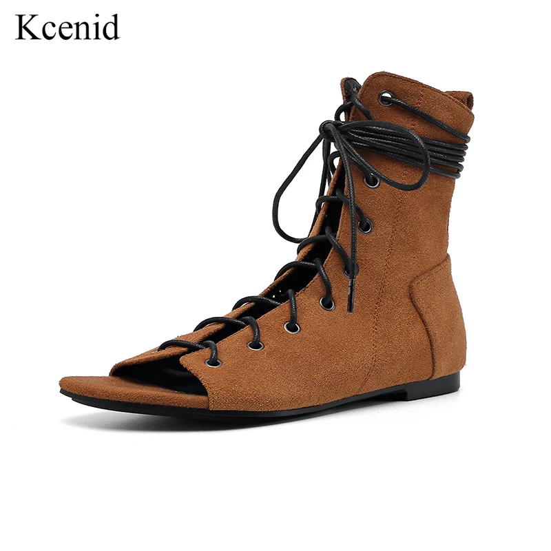 

Kcenid Summer sexy ankle boots women suede leather peep toe cross-tied fashion flats gladiator sandals women dress shoes brown