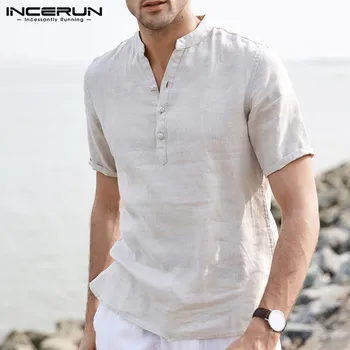 

INCERUN 2020 Men V Neck Shirt Cotton Plain Casual Short Sleeve Vintage Beach Brand Shirt Men Summer Streetwear Camisa Masculina