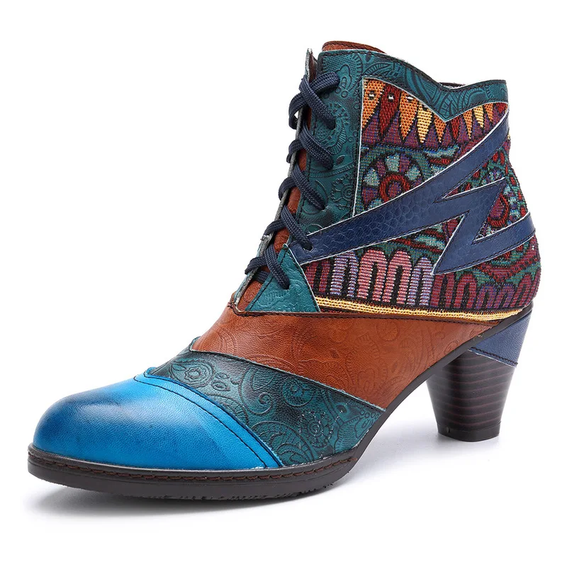 

Bohemian Splicing Women Boots Retro Genuine Leather Shoes Woman Zipper Mid Heels Ankle Boots Spring Autumn Women Shoes