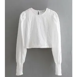 Новый для женщин мода с длинным рукавом выдалбливают белая блузка с вышивкой рубашка blusas женские эластичные кружево сращивания сорочка