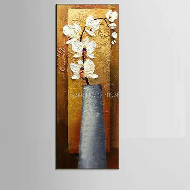 

White and Yellow in the Little Gray Vase Oil Painting 100% Handmade Knife Flower Painting for Sitting Room Decor Hang Painting