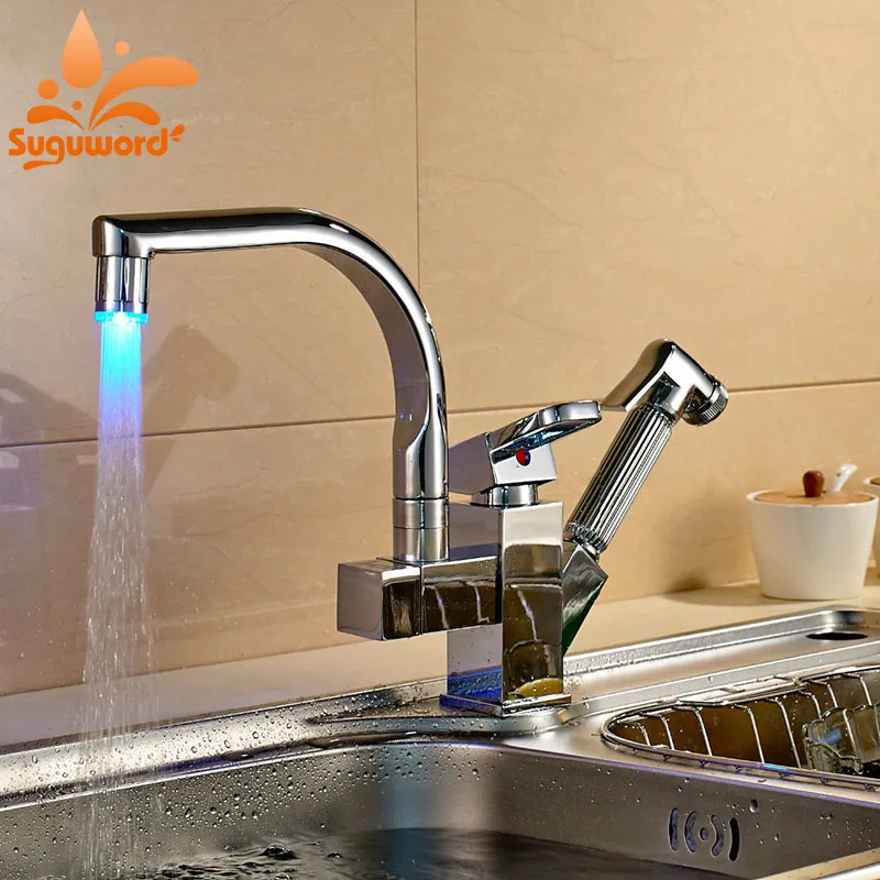 

LED Swivel Spout Kitchen Sink Faucet Pull Out Hand Spray One Hole Mixer Tap