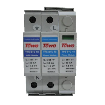 

TOWE AP B+C/10 1P+N Single-phase B+C protect 3 modulars 1+1 protect mode Iimp 50KA Up 1.5KV complex power surge protector