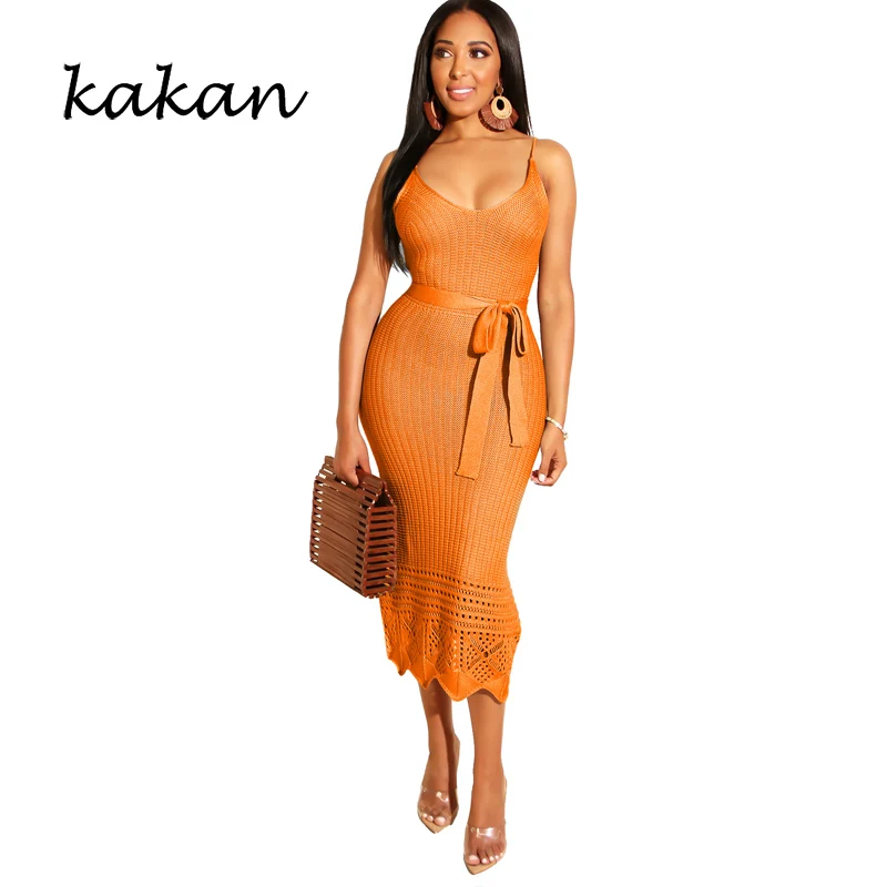 

Kakan new women's sexy hollow backless dress knit hook flower strap dress cotton blend candy color fashion casual dress