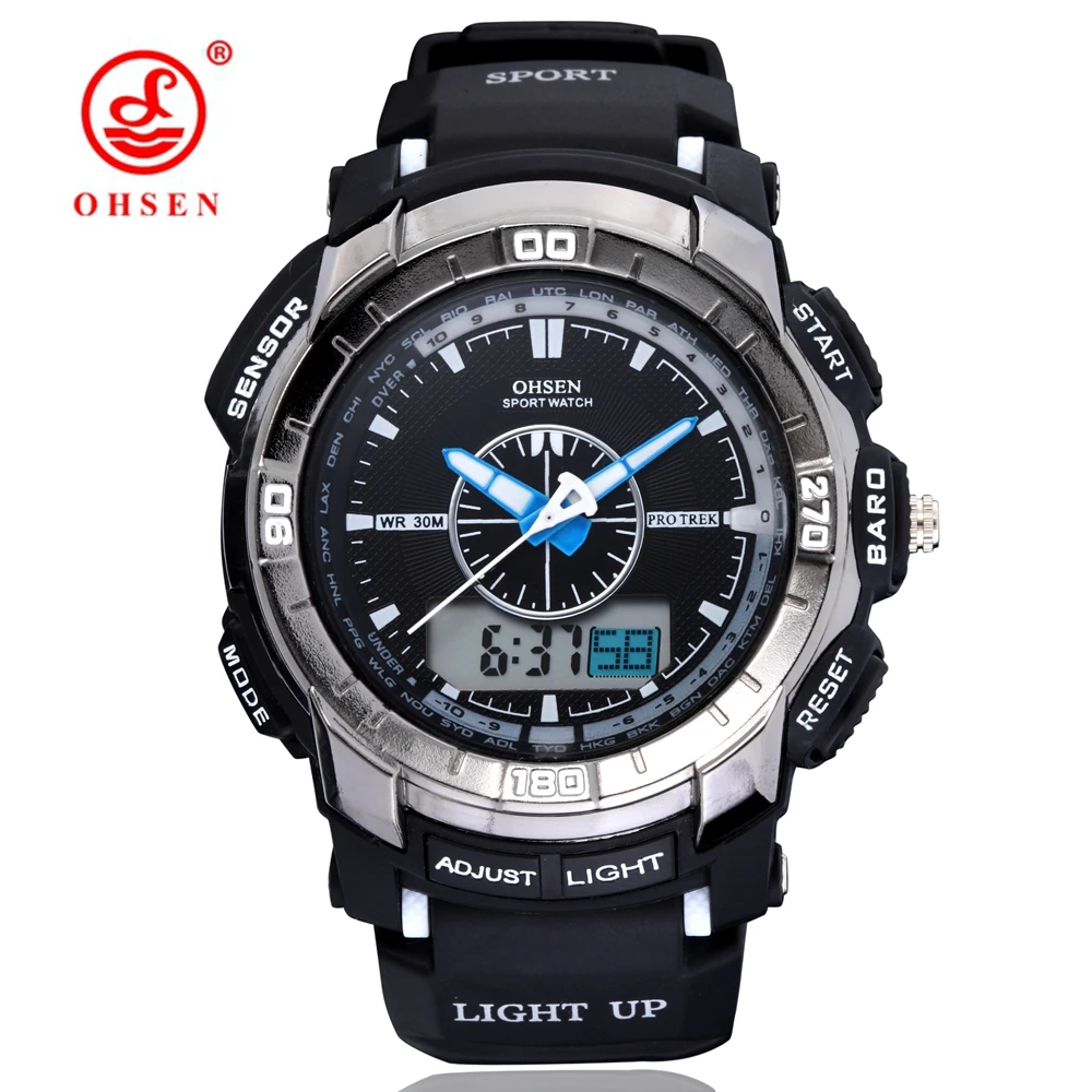 

New Arrival OHSEN Digital Quartz Mens Fashion Gift Watch Black Rubber Band LCD Outdoor Sport Army Male wristwatch montre homme