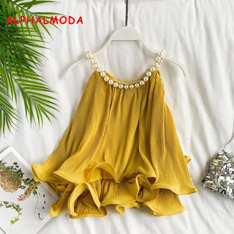

ALPHALMODA 2019 Summer Women's Sweet Beaded Chiffon Blouses Pearl Necklace Double-layer Lotus-leaf-edge Chiffon Vest Outfit