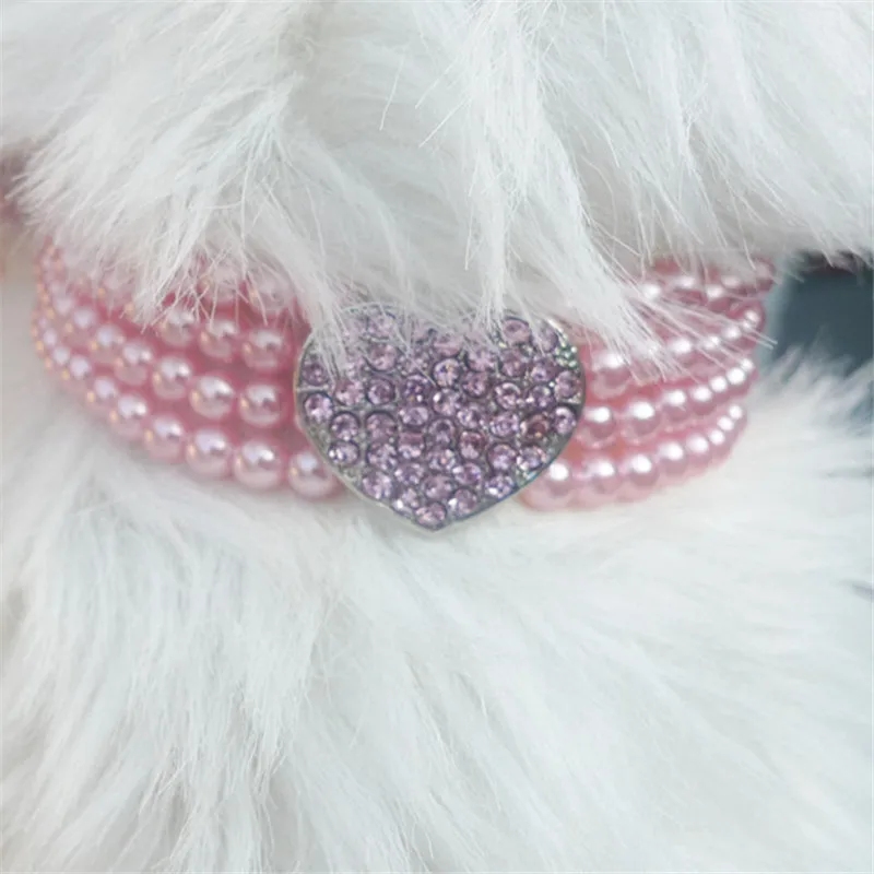 

Small Animals Puppy Dog Necklace Collar Pearl with Shiny Rhinestone Heart Shape Pendant Cat Collar Jewellery Soft Pet Supplies