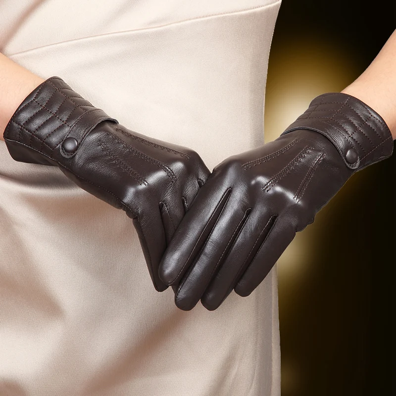 Brand Genuine Leather Gloves Fashion Women  Sheepskin Gloves Autumn Winter Plus Velvet Elegant Lady Finger Driving Glove L159NC