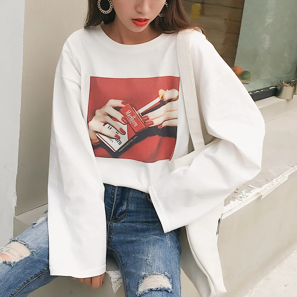 

2019 Autumn Fashion Tshirt Women Clothing Korean Ulzzang Harajuku Printed T-shirt Female Casual Long Sleeve Basic Shirt Top