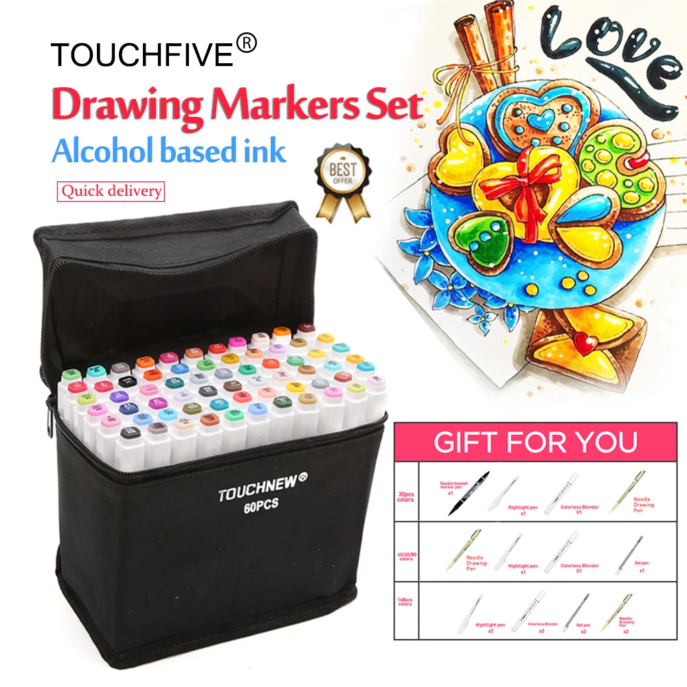 

Touchfive Markers Pen Set 30/40/60/80Colors Animation Sketch Marker Dual Head Alcohol Based Drawing Pen For Artist Art Supplies