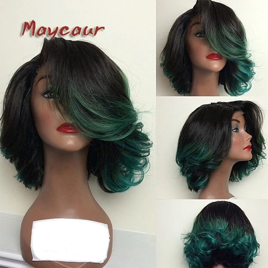 

Maycaur Fiber Hair Synthetic Lace Front Wigs Short Bob Wavy Wigs Heat Resistant Synthetic Wigs Ombre Green Color