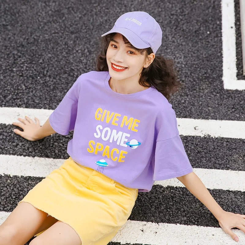 

ANTWANT Harajuku Korean Style Planet UFO Letter Print Funny t Shirt Purple Cotton women Bat Short Sleeve summer Top&Tees