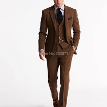 Последний дизайн пальто брюки коричневый твид смокинги для жениха итальянский стиль 3 шт Мужские свадебные вечерние английские костюмы сделанный костюм для жениха