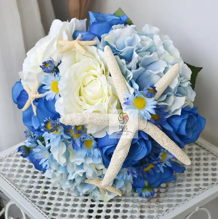 

Handmade artificial flower wedding flower bride holding flowers marine wind blue white roses guelder