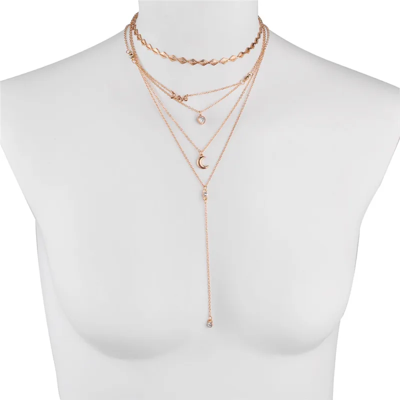 Женское многослойное колье чокер DANZE Charm Love Moon Heart из горного хрусталя простая