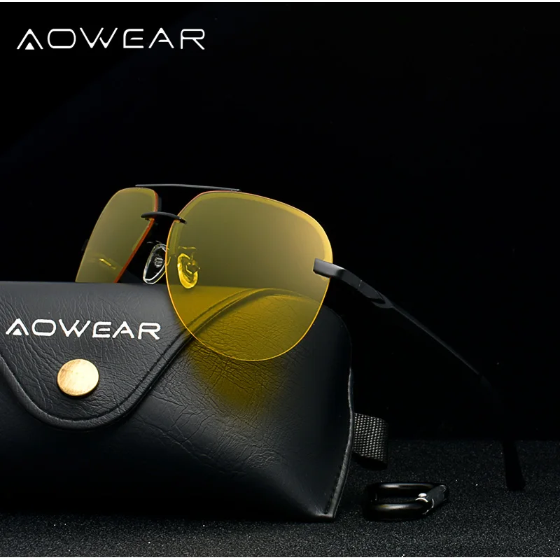 Мужские темные очки без оправы AOWEAR поляризационные с HD ночным видением UV400 желтые