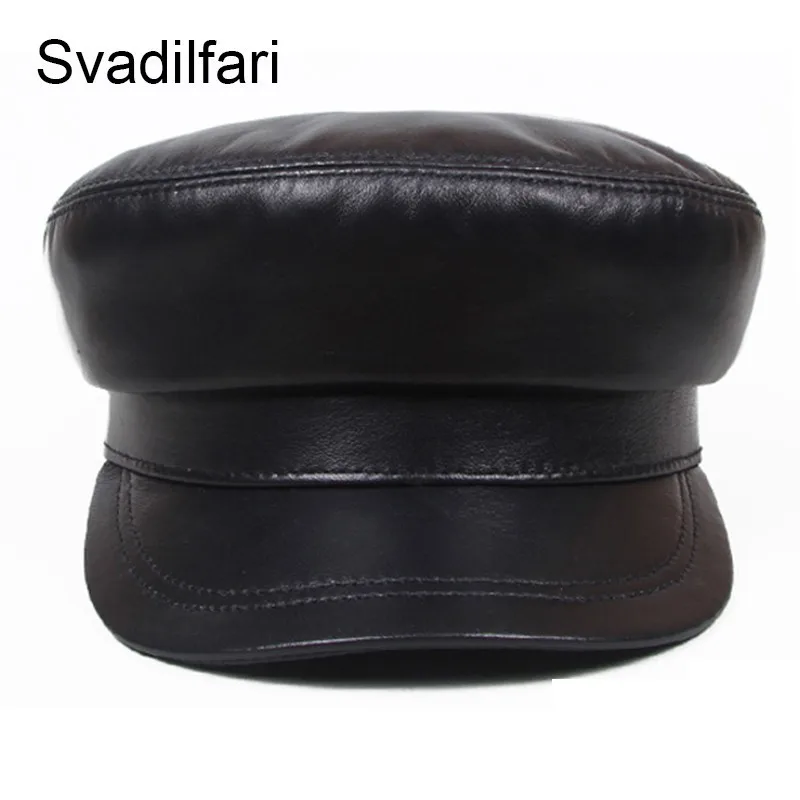 Skup Moda prawdziwa skórzana czapka wojskowa wiosna marynarz kapelusz dla kobiet mężczyzn czarny biały płasko zakończony kobieta podróży kadet kapelusz kapitan Cap