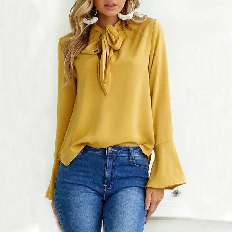 

Fashion Flare Sleeve Long-Sleeve Women's Chiffon blouse Bandage Tops Office blusa Female