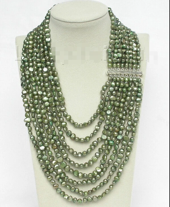 

Free shipping 17"-24" 8row baroque green pearls necklace 925 silver clasp
