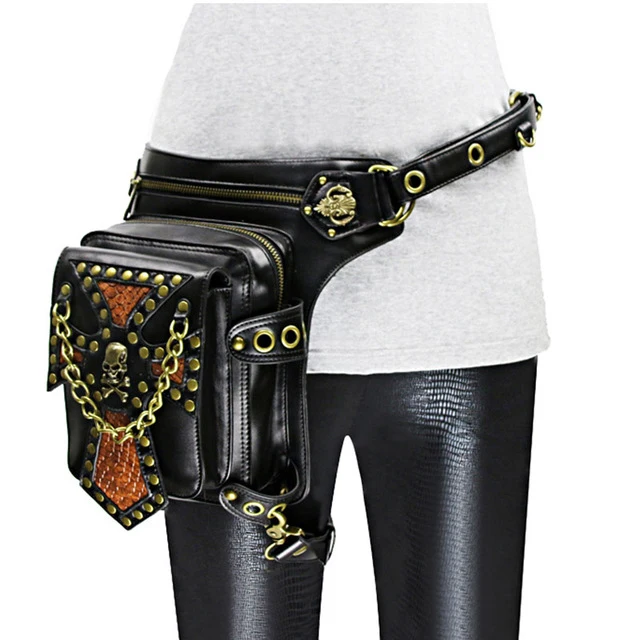 Corstory стимпанк готический талии сумка коричневый из искусственной кожи с заклепками рок плечо ног сумка Для мужчин Для женщин унисекс