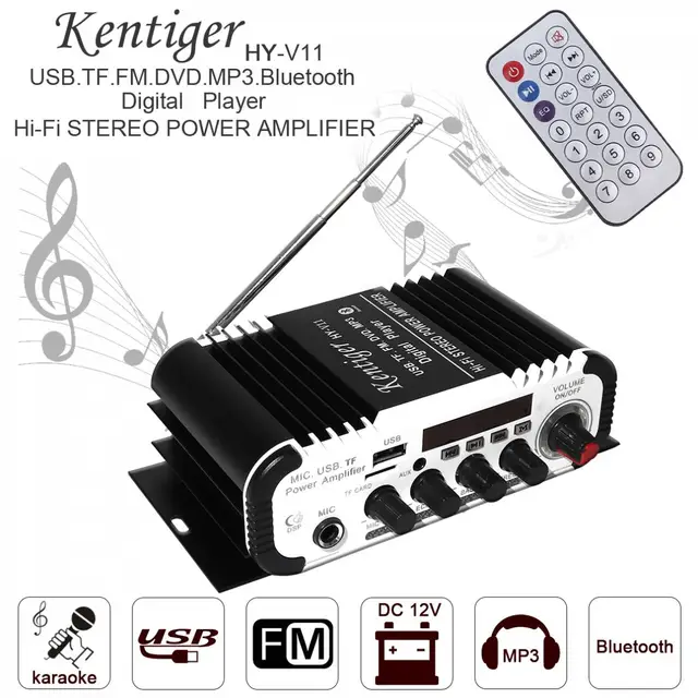 Special Price Kentiger V11 2CH Universal HI-FI Bluetooth Car Audio Power Amplifier DC12V 5A FM Radio Player Support SD USB DVD MP3 Input