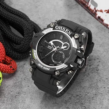 

Original OHSEN Fashion Quartz Digital Watch Men Waterproof Man Analog Male Wristwatch Rubber Strap Alarm LED Sport Watch Relogio