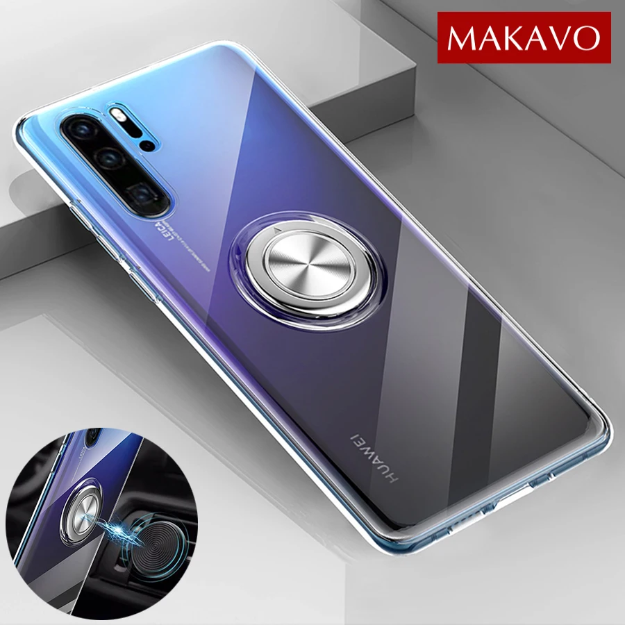 

MAKAVO For Huawei P30 Pro Case Finger Ring Holder Soft Silicone Back Cover Shockproof Case For Huawei P20 P30 Phone Case