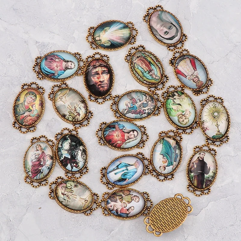 

20pcs 15x26mm Oval Glass Cabochons Religion Gold Zinc Alloy Rosary Charms Pendants DIY Jewelry Saint Rita Accessories