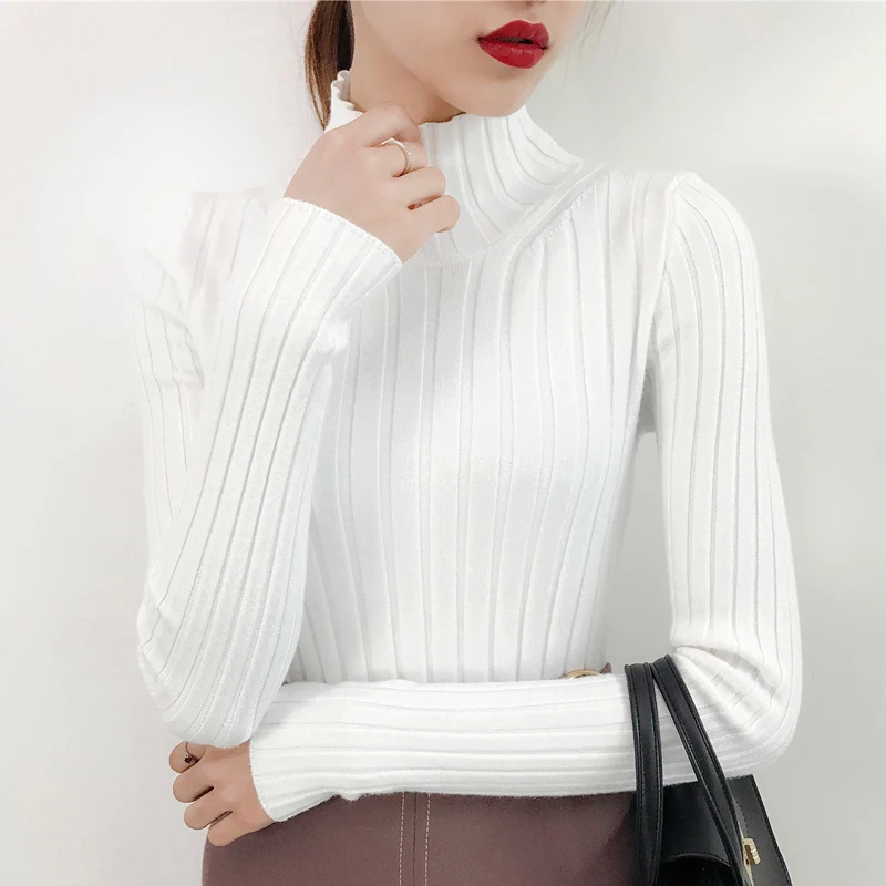 Белый свитер с высоким воротом и полу небольшой свежий женский короткий толстый тонкий плотный с длинными рукавами универсальные трикотажные рубашки - Цвет: WHITE
