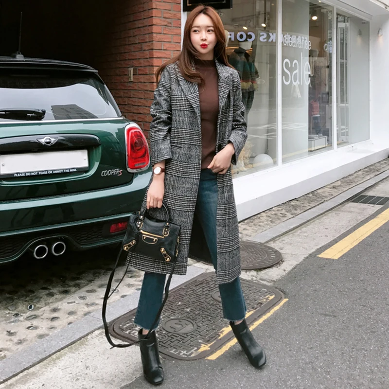 2018 Spring Autumn Women's Wool Plaid Coat New Fashion Long Woolen Coat Slim Type Female Winter Wool Jackets Female Outw