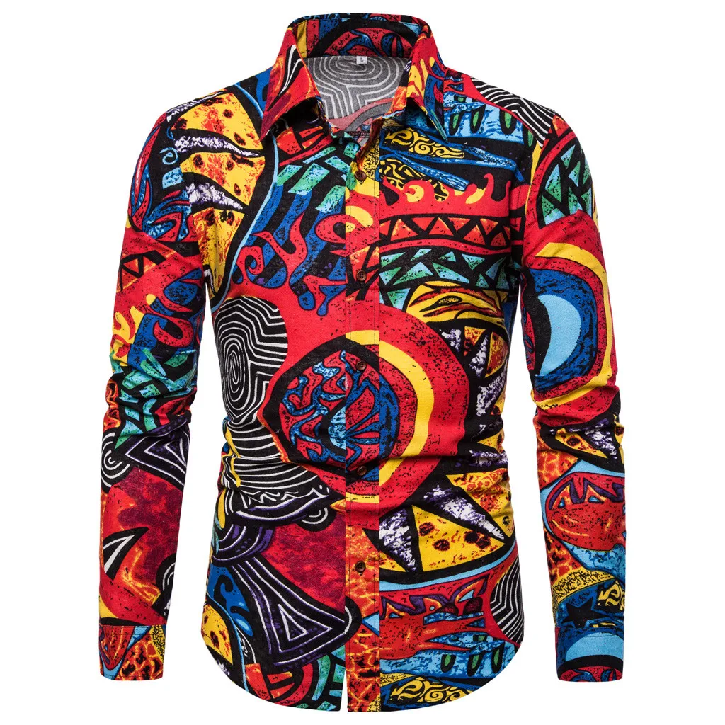 

2019 Summer hawaiian Shirt Men's Summer Fashion Business Leisure Printing Long-sleeved Shirt Top Blouse Camisas Hombre