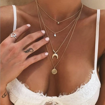 

Gold Color Long Tassel Moon Necklaces & Pendants For Women Multi Layer Sequins Choker Necklace Small Crescent Moon Jewelry