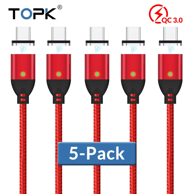 

TOPK [5-Pack]1M 3A Fast Charging Magnetic Cable Type C Cable for Samsung S9 S8 Note 8 7 6 For Xiaomi mi8 mix For Huawei P10 P9