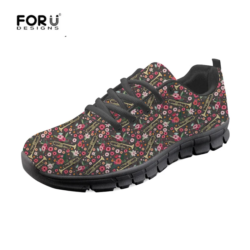 

FORUDESIGNS Trumpet Flower Pattern Sneaker Shoes Fashion Piano Floral Ladies Summer Lace-up Flats Shoe Casual Students Zapatos